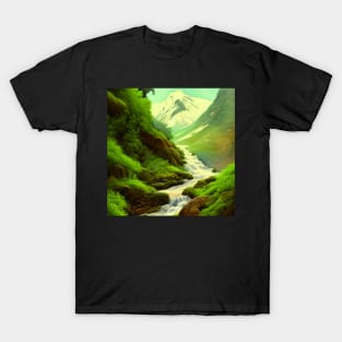 Digital painting of Mountains with Snow and River T-Shirt